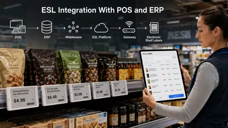 Entegrasyon etikèt etajè elektwonik ak POS ak ERP: API, kat done, manyen erè, ak Rollback