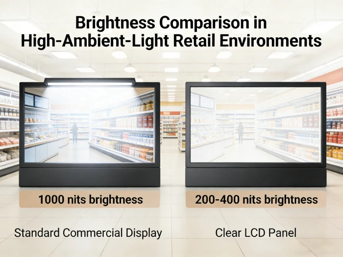 Comparison of standard commercial displays with 1000 nits brightness versus clear LCD panels producing 200 to 400 nits for high-ambient-light retail environments